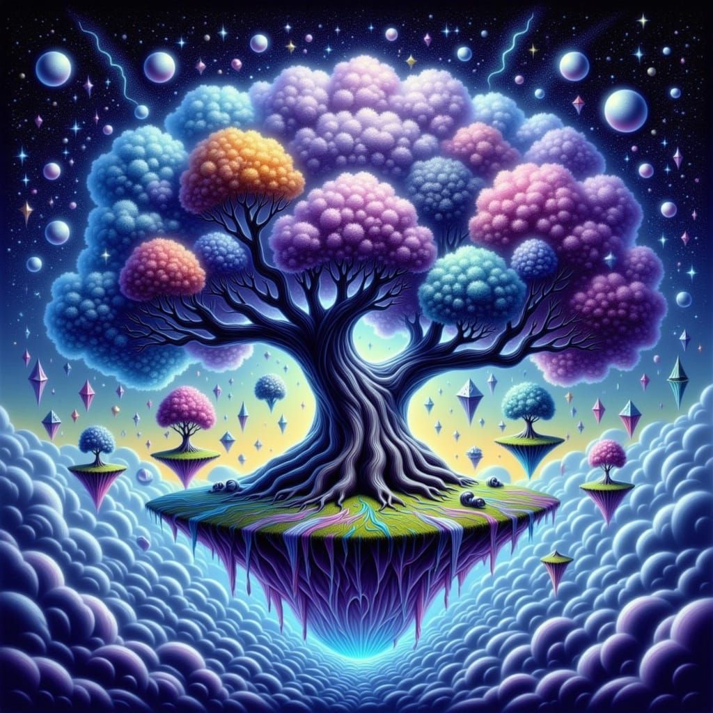 Cosmic Galaxy Tree With Floating Islands