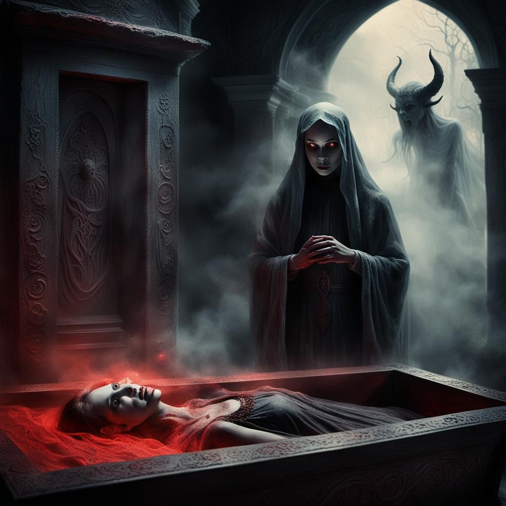 Ghostly Woman Emerges from Ancient Coffin in Dark Surrealist...
