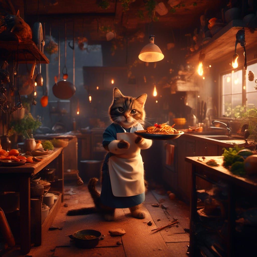 Fantastical Feline Chef in a Vibrant Kitchen Scene