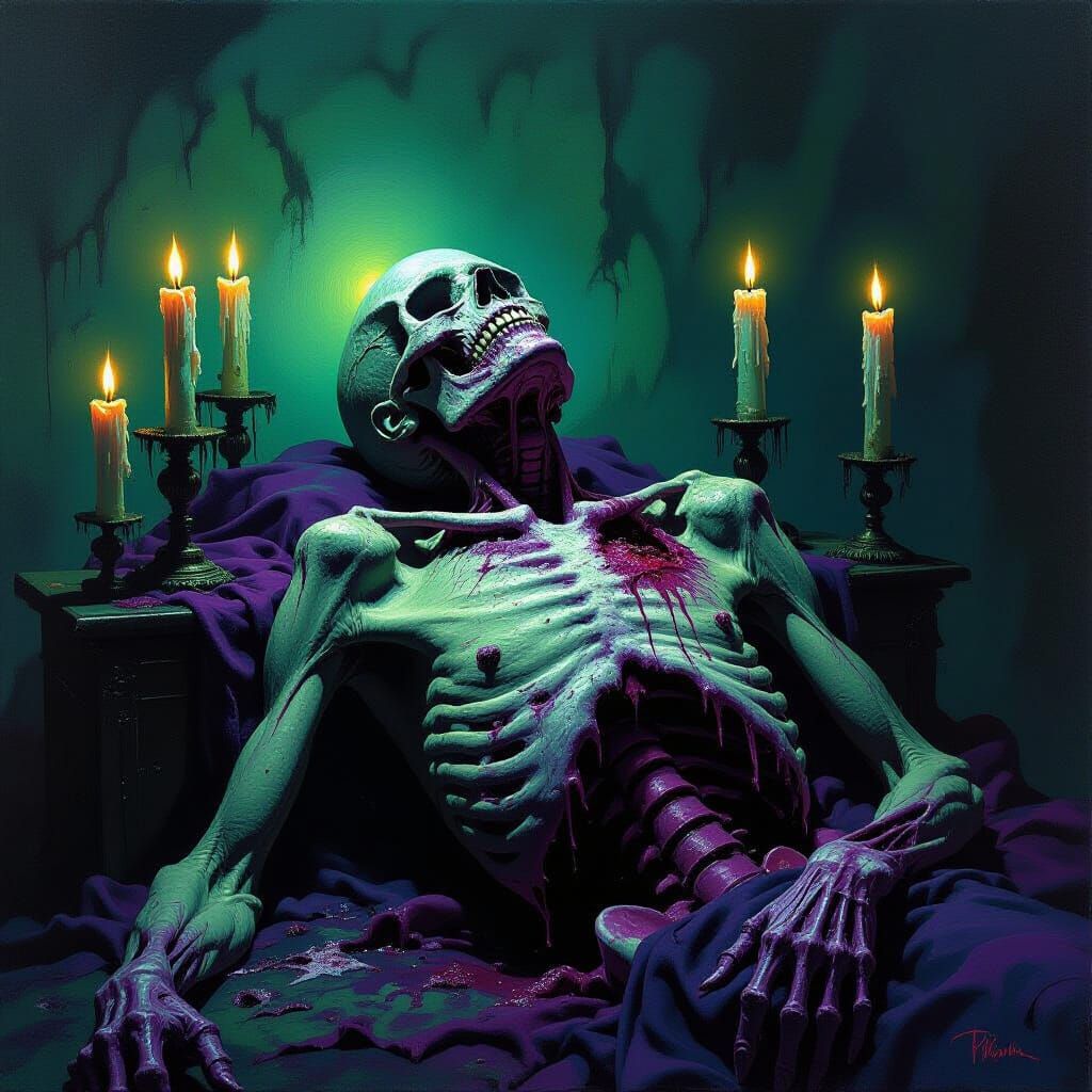 Gruesome Corpse in Eerie Candlelight Oil Painting