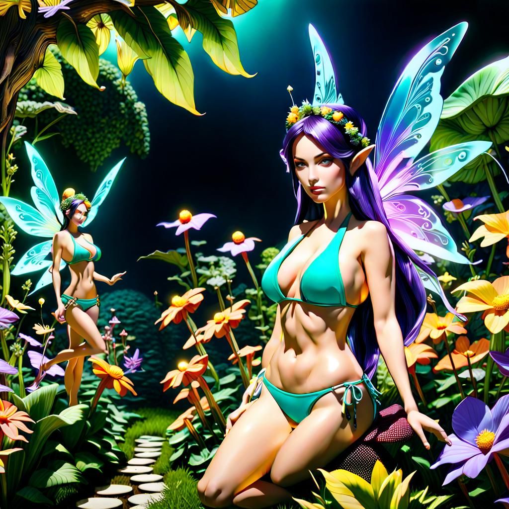 Fantastical Garden of Twelve Fairies in Bikinis, Dark Fantas...