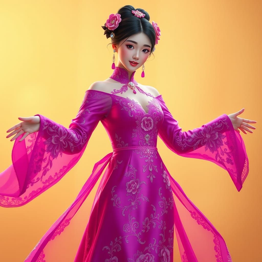 Elegant Asian Woman in Ornate Fuchsia-Violet Gown