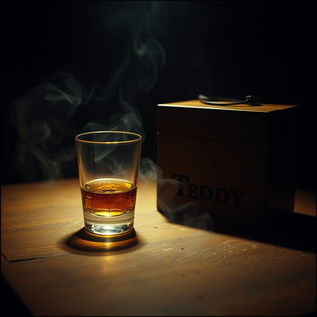 Smoky Nighttime Scene of Whiskey Glass and Cigar Box on Wood...