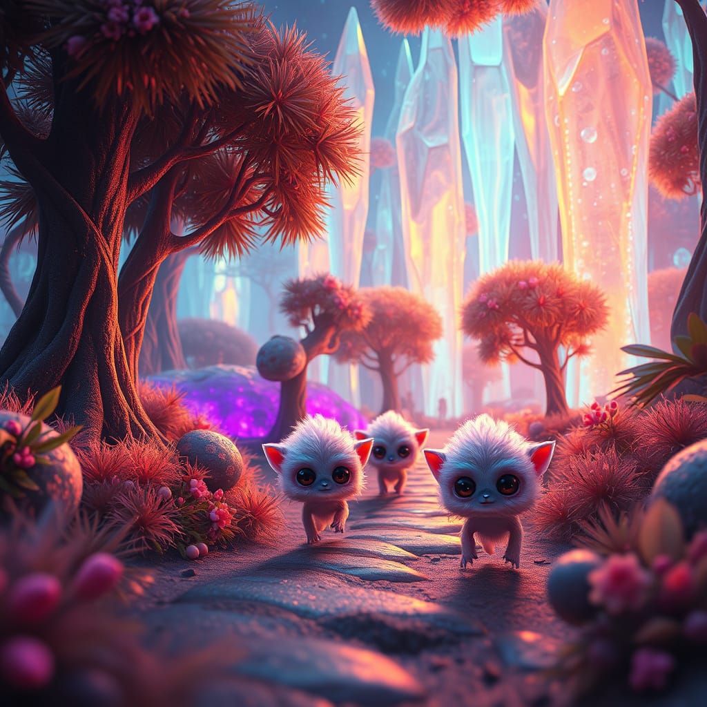 Fluffy Alien Critters Roaming Neon Forest