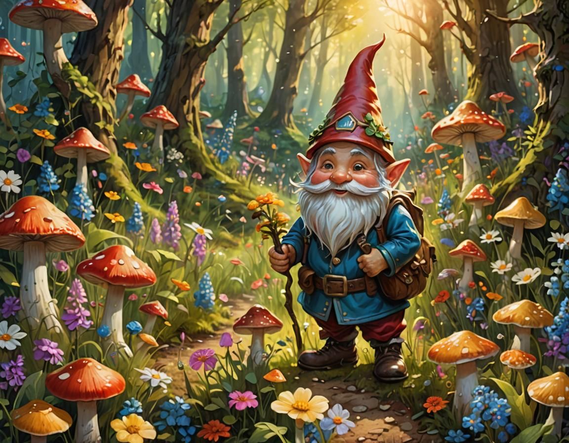 Whimsical Gnome Amidst Vibrant Wildflowers in a Forest Clear...