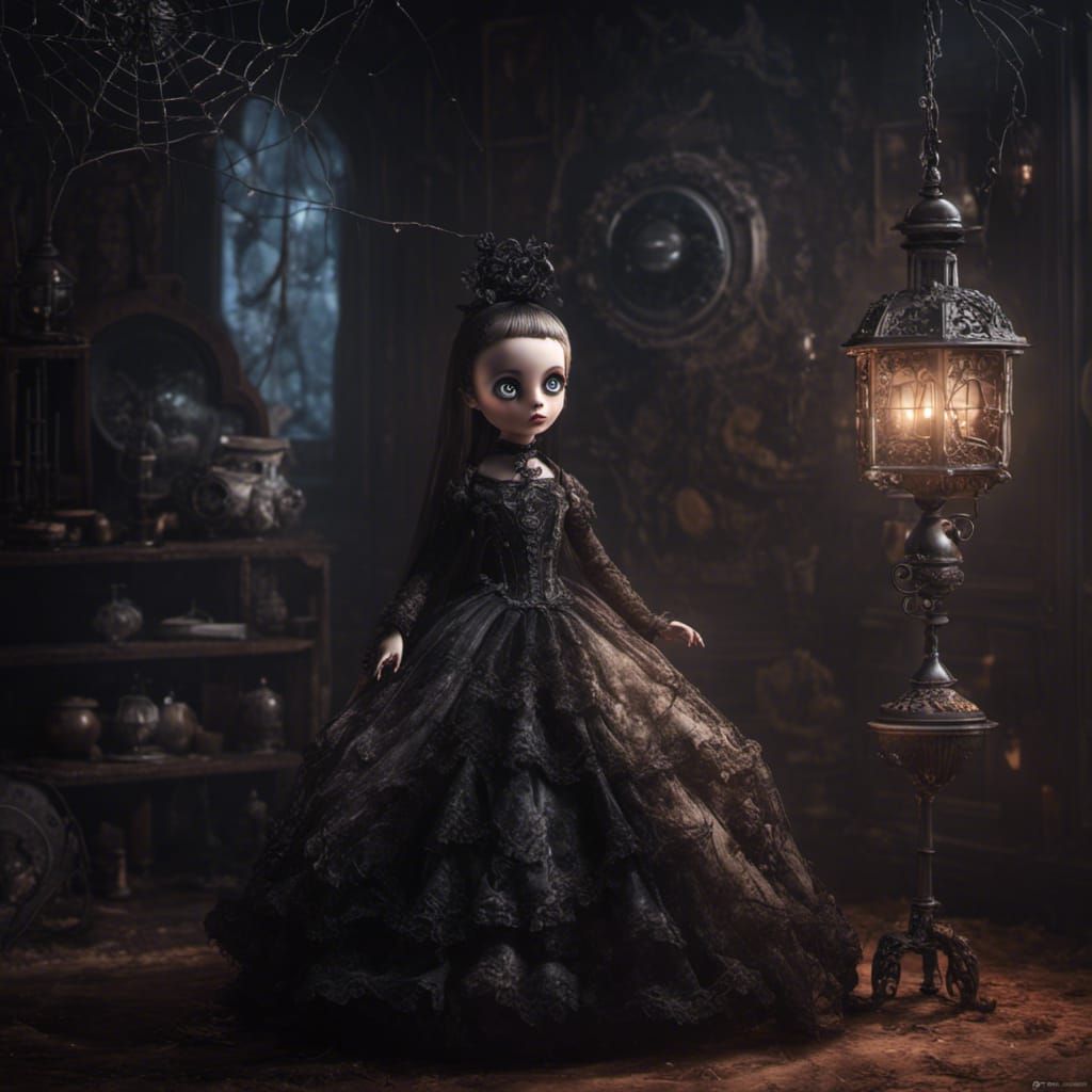Gothic Doll in Haunting Hyperrealistic Setting