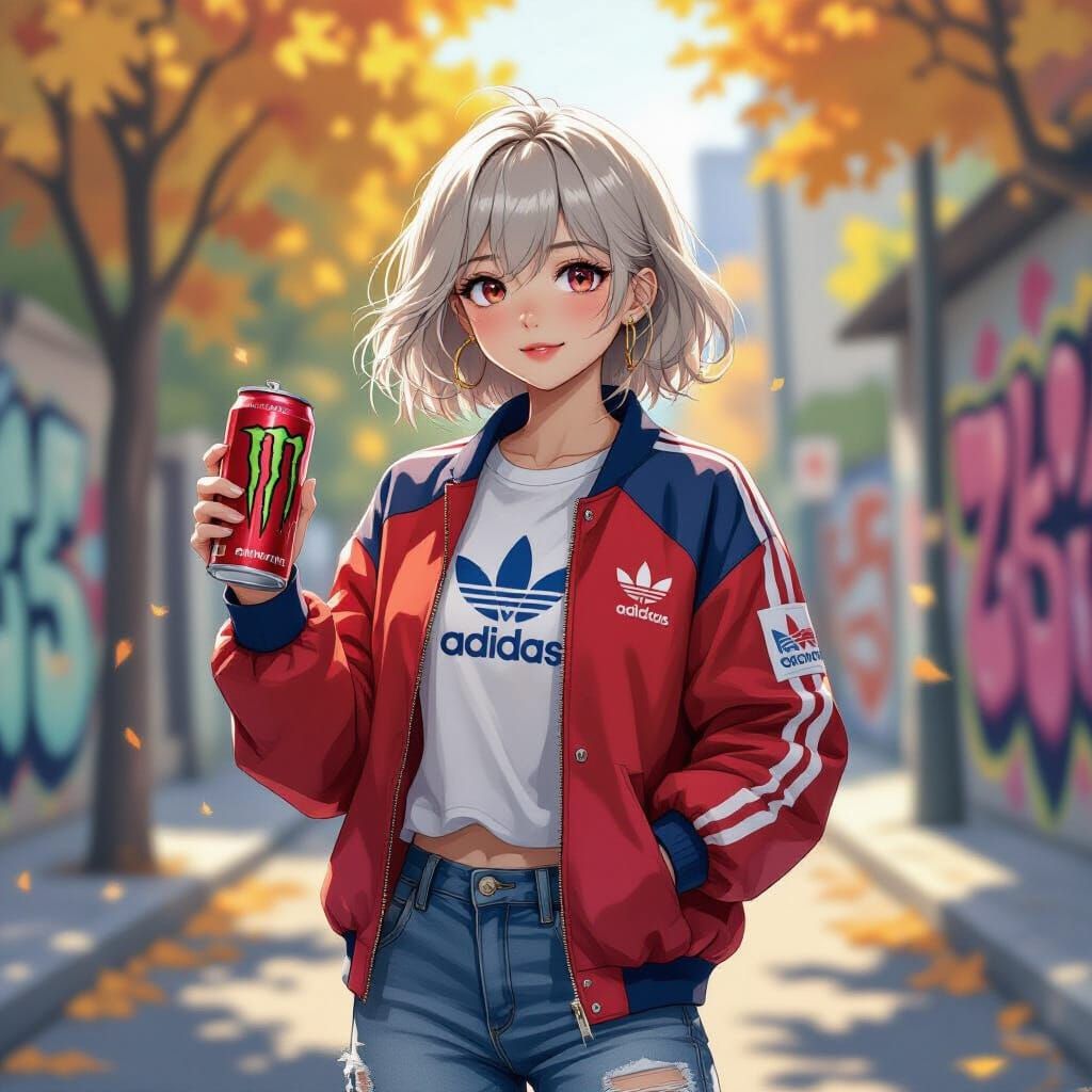 Anime Girl in Adidas Jacket with Energy Drink