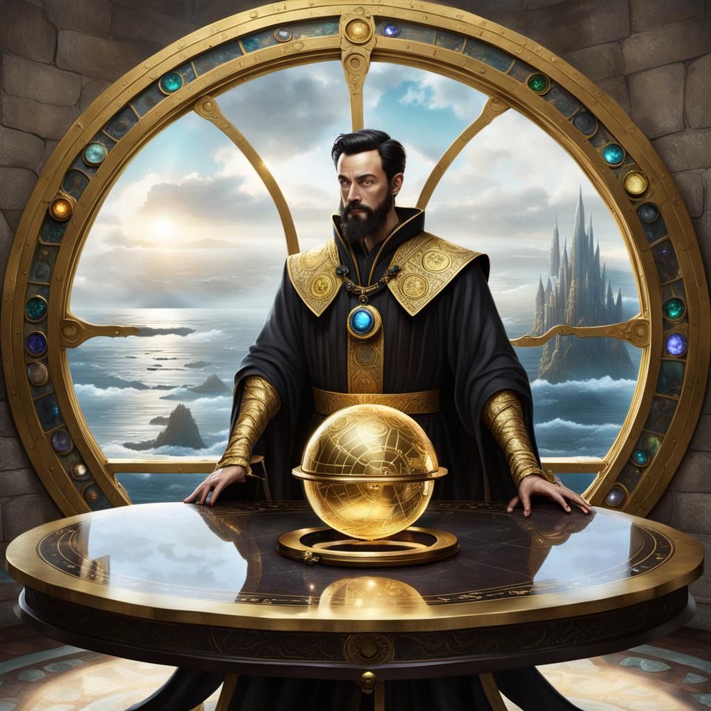 Mystic Wizard Overlooks Golden Sunset at Sea