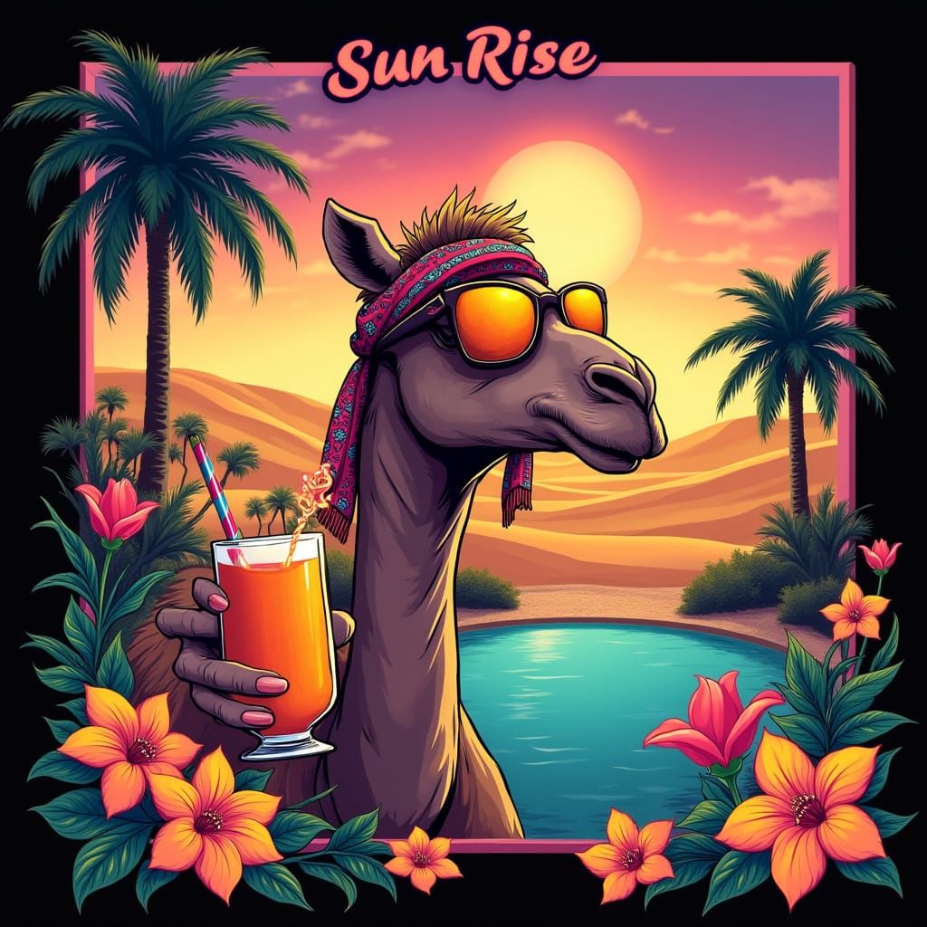Camel in Desert Oasis, Pop-Art Illustration