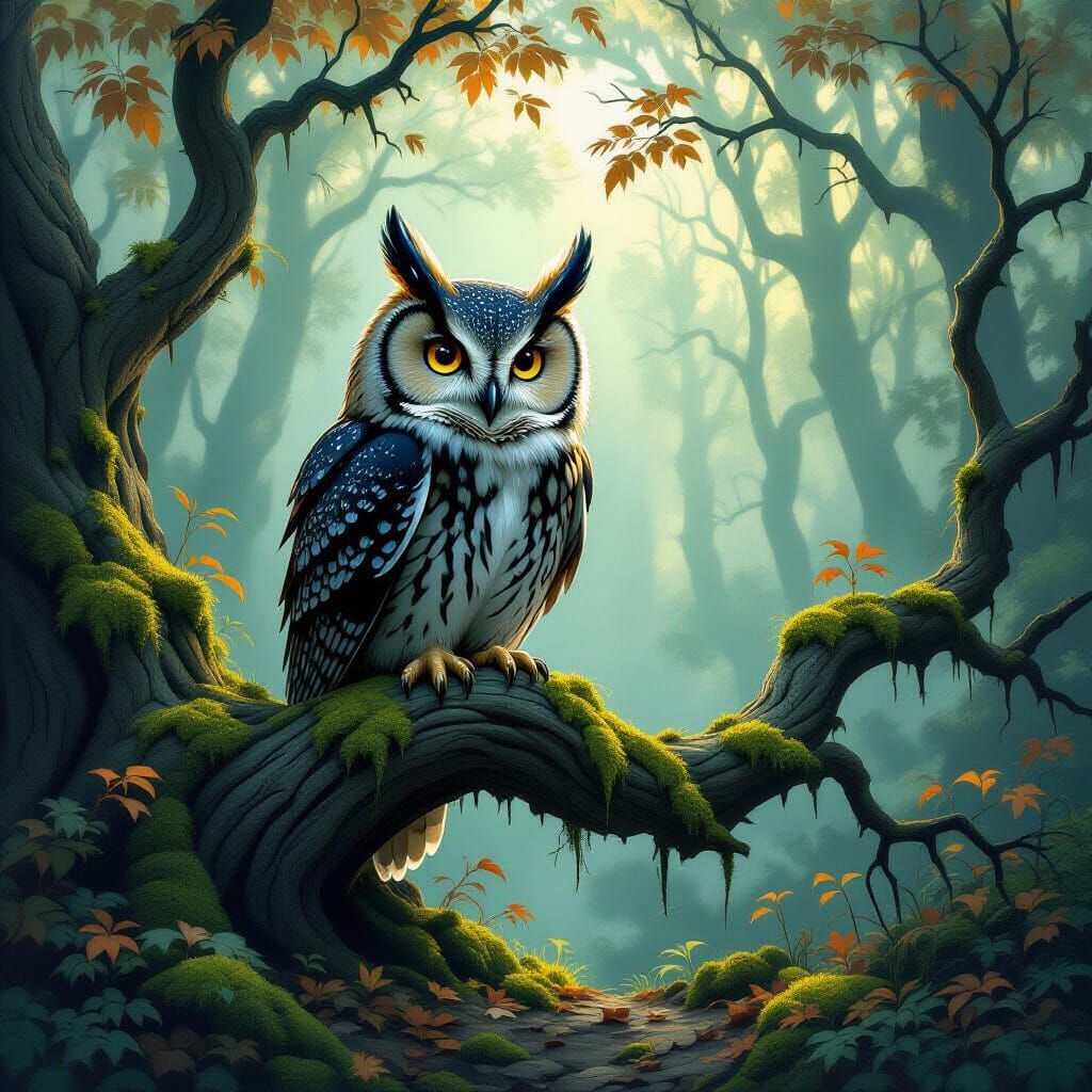 Wise Owl on Ancient Branch in Ethereal Forest