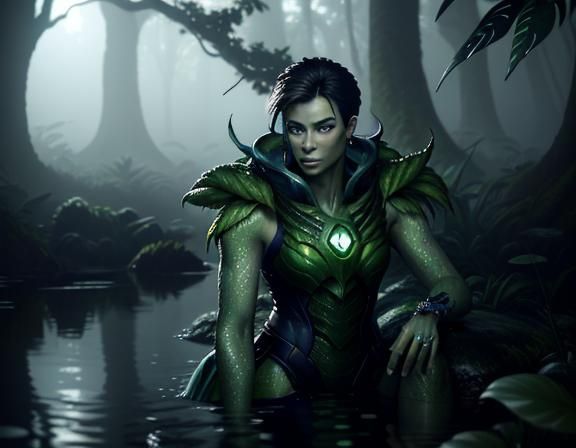 Epic 3D Amphiboid Goddess in Tropical Paradise