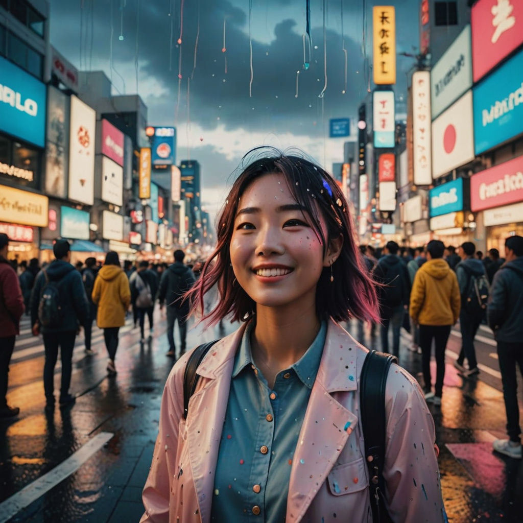 Dreamy Shibuya Intersection Scene with Colorful Drips