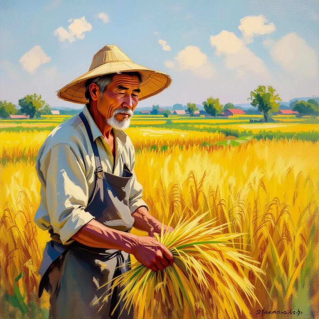 Elderly Farmer in Sunlit Rice Paddy, Impressionist Style