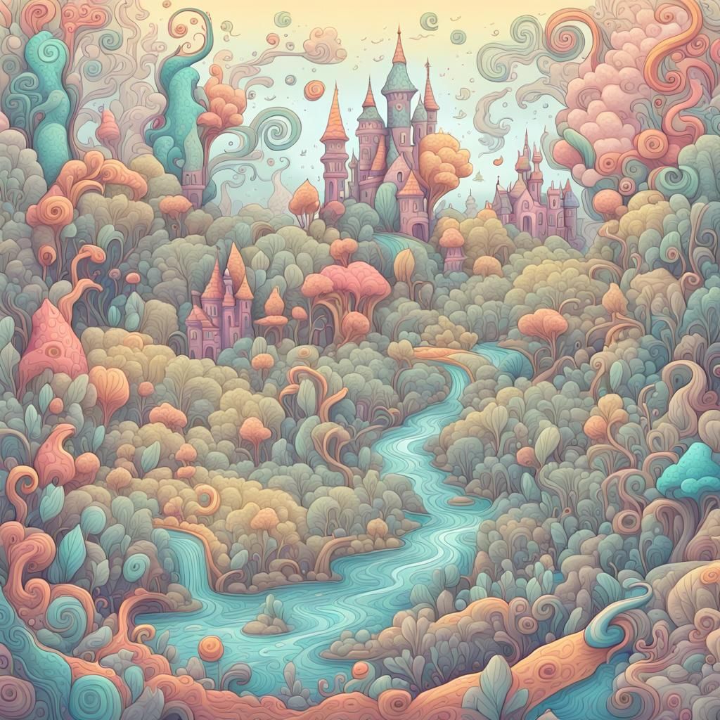 Whimsical Digital Fantasy Landscape in Vibrant Colored Penci...