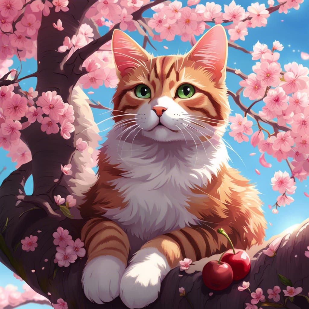 Stunning Anime-Inspired Tabby Cat Amidst Cherry Blossoms