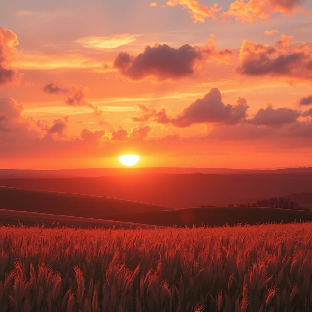 Golden Sunset Over Rolling Hills in Dreamy Impressionist Sty...