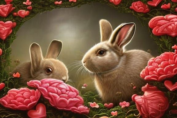 Rabbits Hearts and Flowers