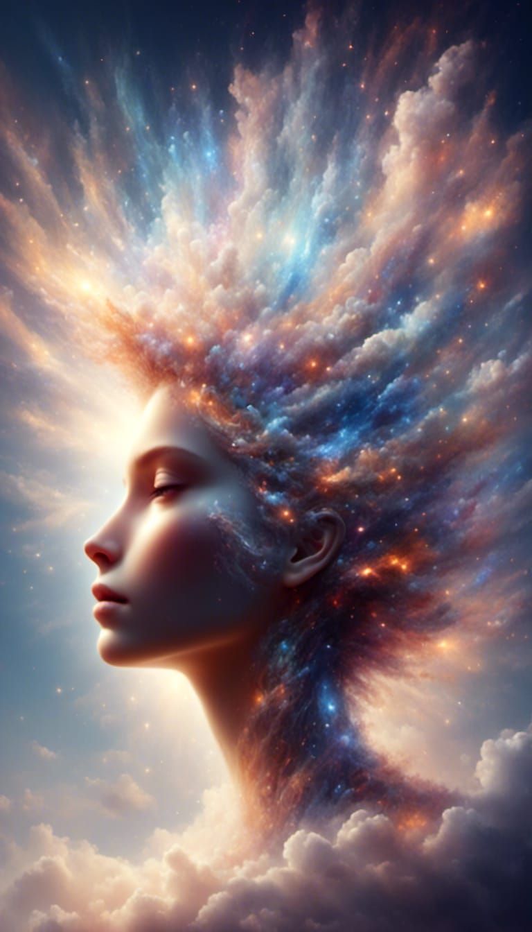 Celestial God with Ethereal, Glittering Head on Clouds