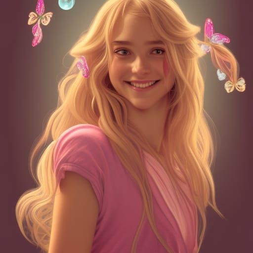 Serene Girl Enjoys Whimsical Scene in Vibrant Colors