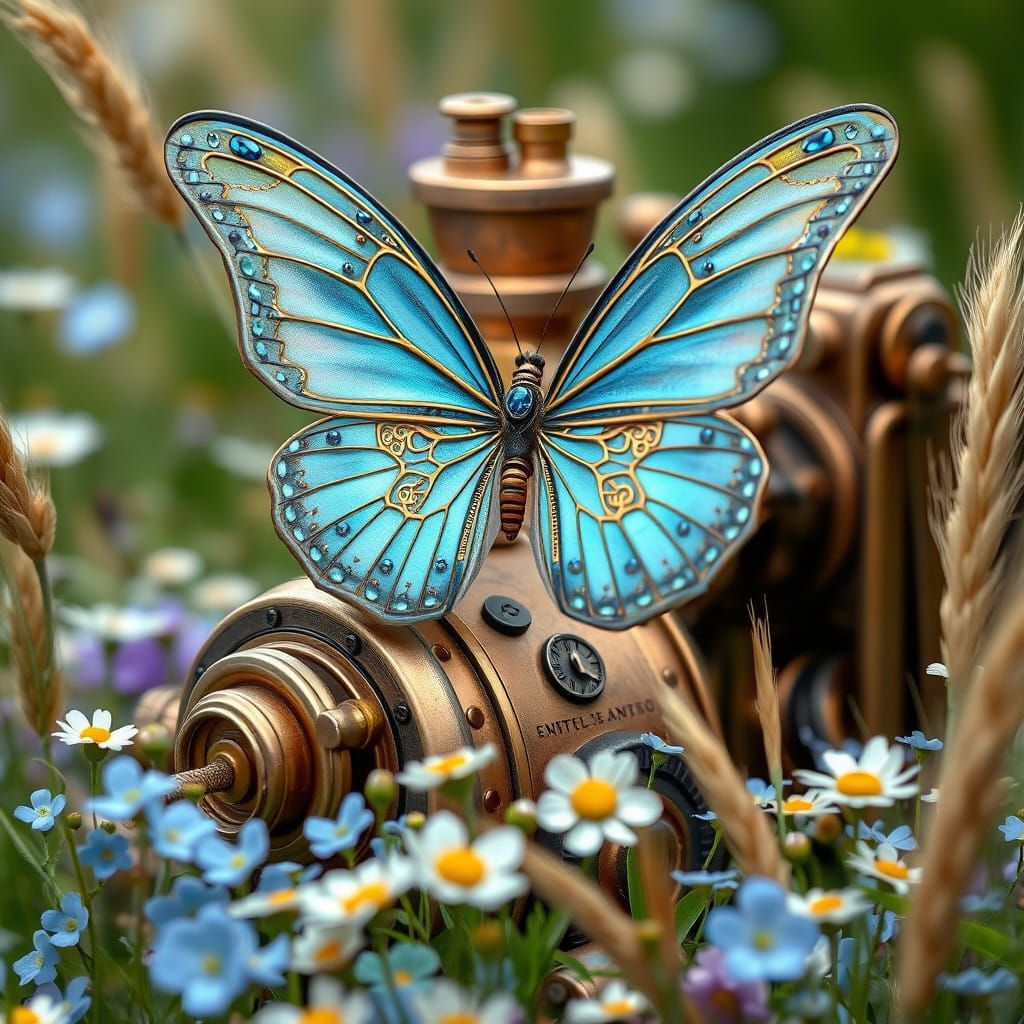 Ethereal Blue Butterfly on Steampunk Engine in Vibrant Meado...
