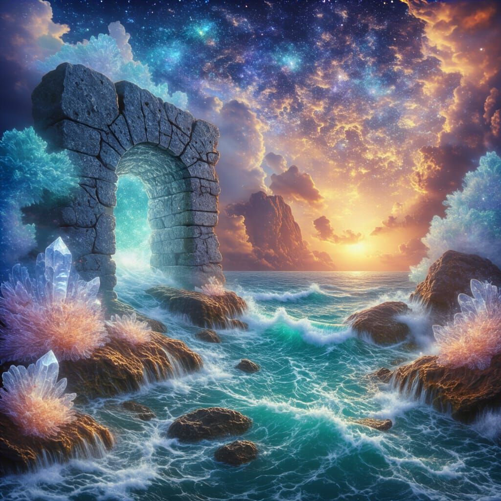 Cosmic Ocean Rushes Through Celestial Night Door