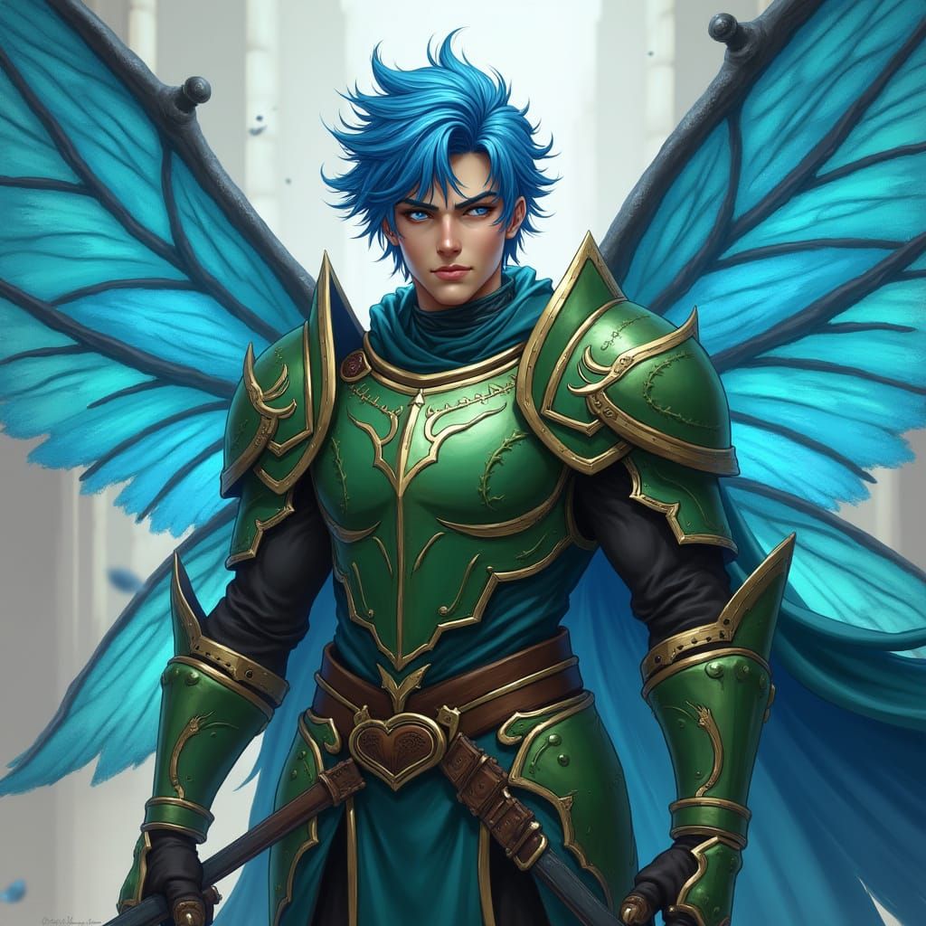 Majestic Blue Fairy Knight in Green Armor