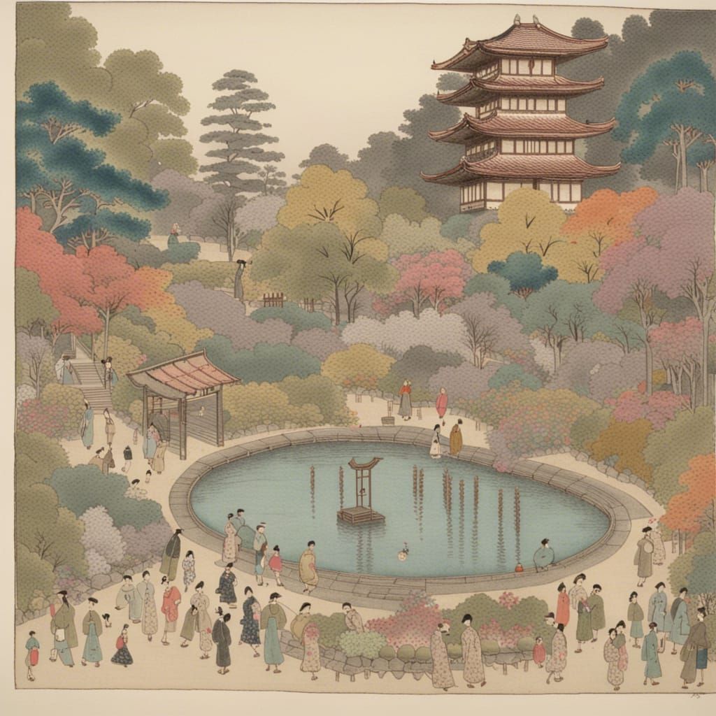 Ethereal Japanese Garden Scene in Whimsical Charcoal Drawing...