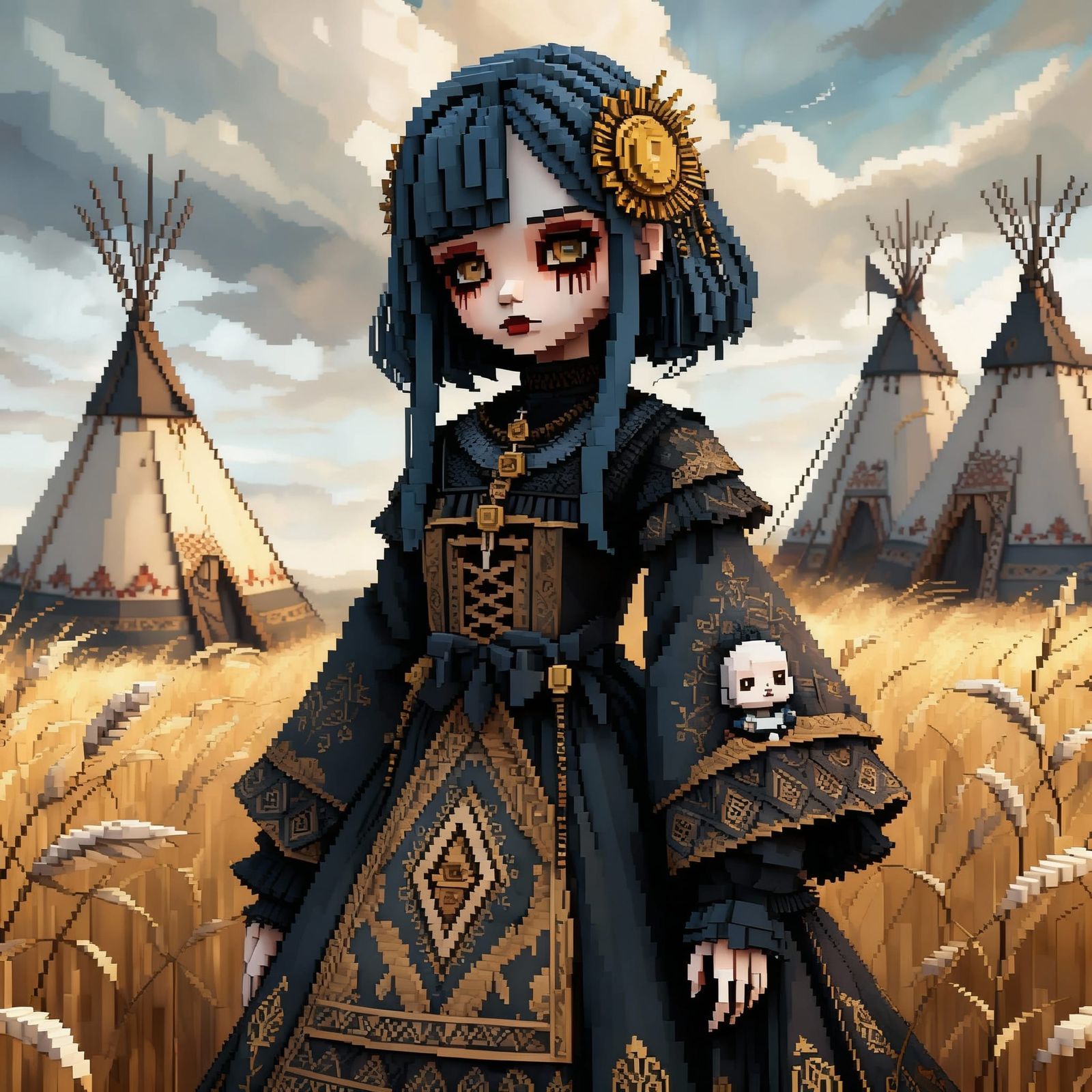 Gothic Doll Girl in Golden Field Near Tipis