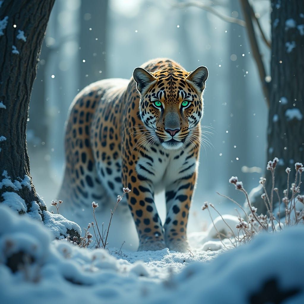 Majestic Jaguar Embarks in Snowy Forest Sanctuary
