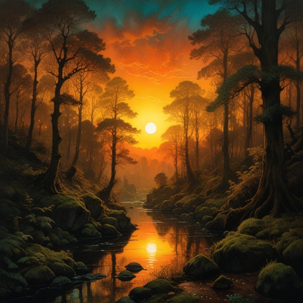 Surreal Sunset Forest Landscape in Dreamlike Romanticism Sty...