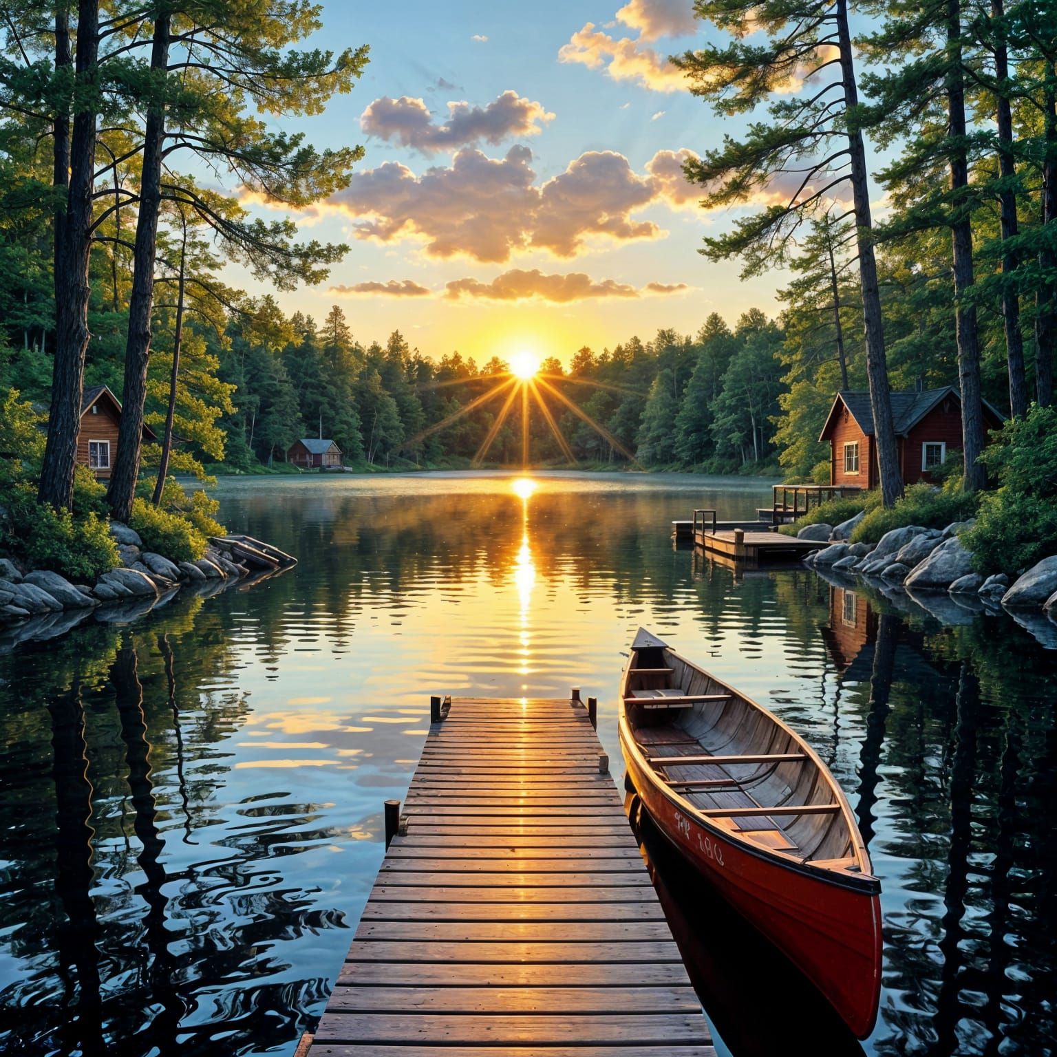 Sunrise Over Secluded Lake with Dock and Canoe