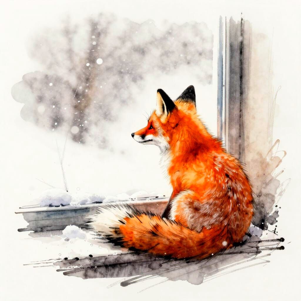 Watercolor Fox Sketch Watching Snowfall in Amber Tones