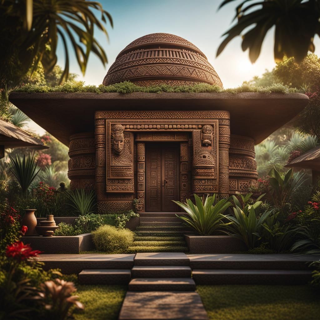 Surreal Aztec House Exterior in a Realistic Style