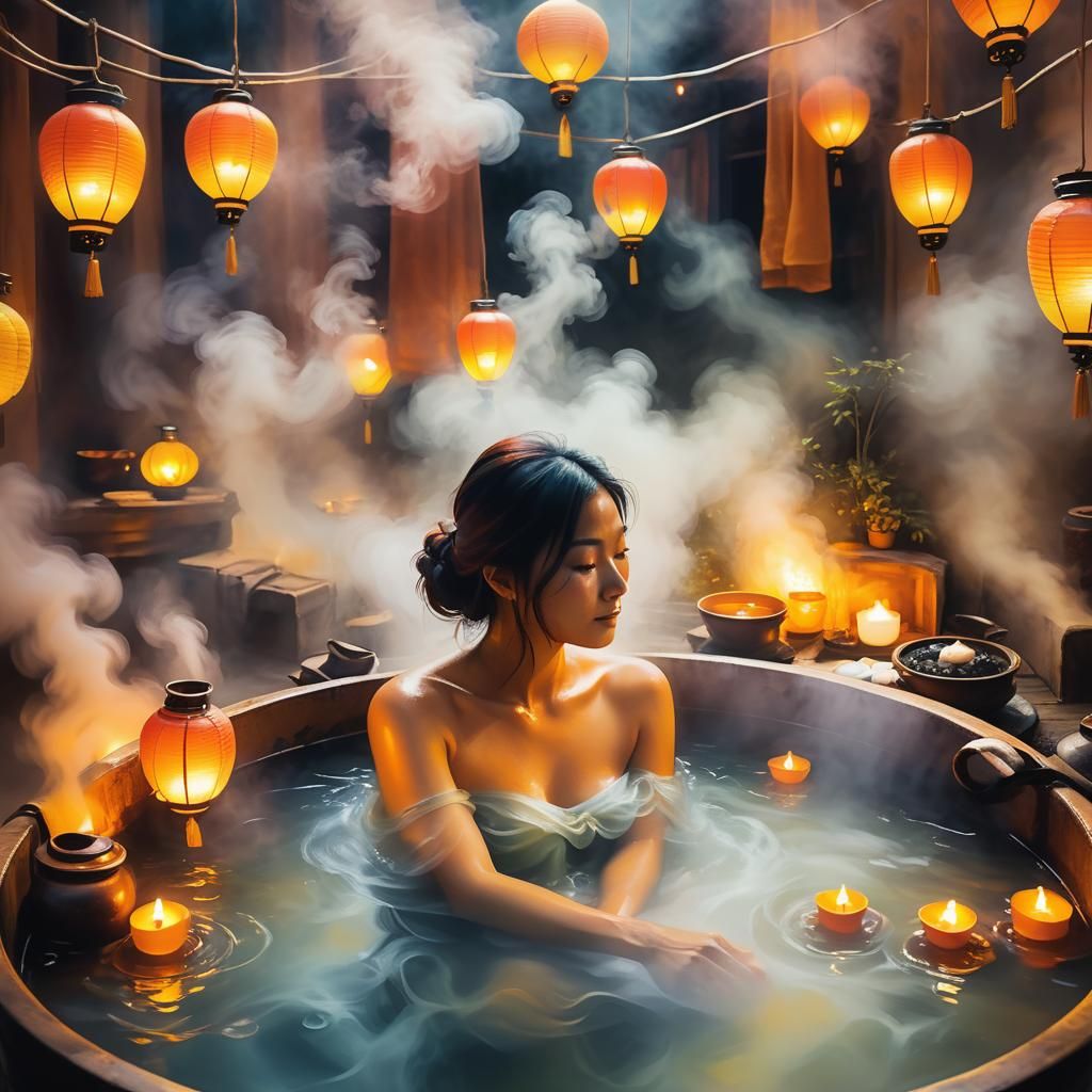 A Dreamy Bathhouse Scene in Warm, Golden Hues