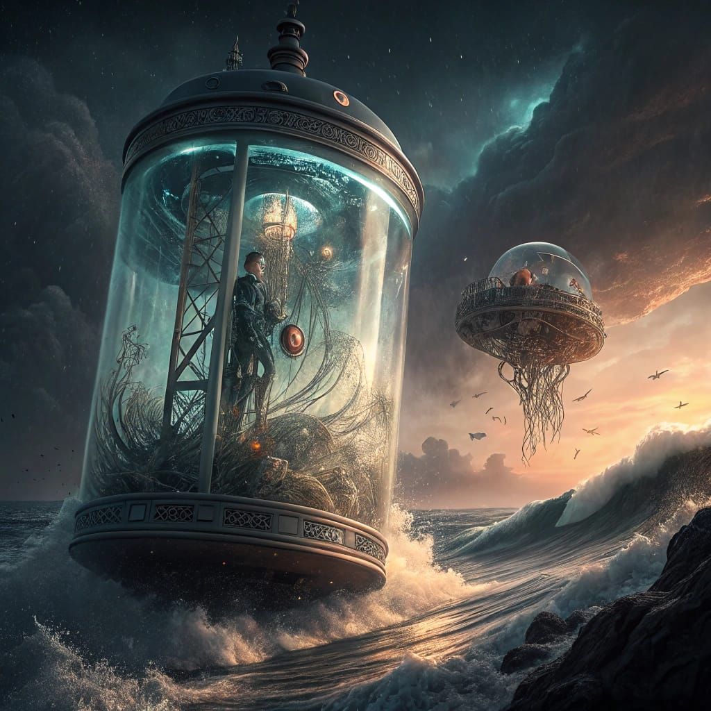 Dreamlike Biomechanical Form Suspended in Turbulent Waves