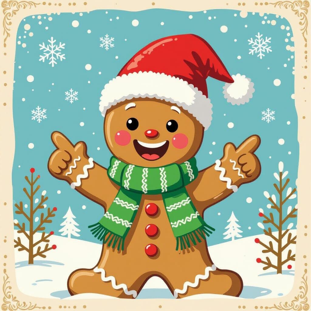 Cheerful Christmas Gingerbread Man in Winter Wonderland