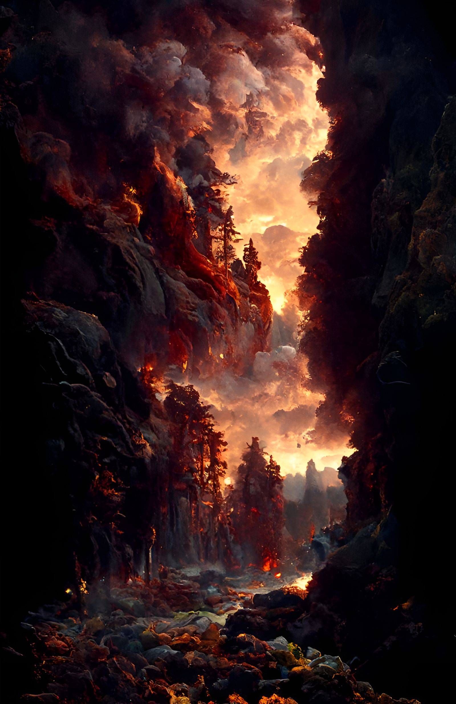Epic Forest Inferno at Dusk, Hyperrealistic Landscape Painti...