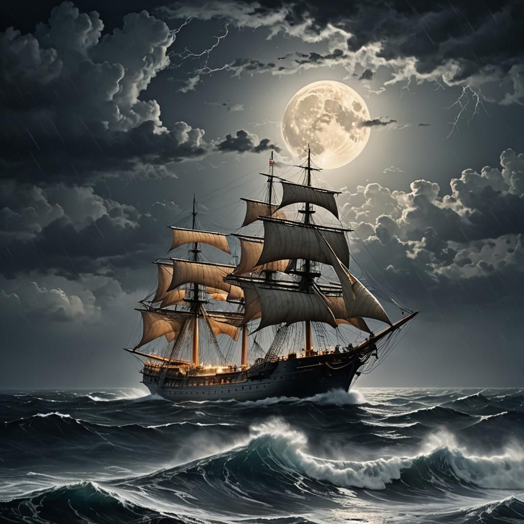 Ship Battling Stormy Seas Under Full Moon