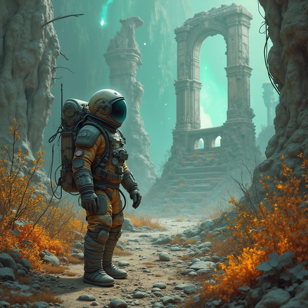 Astronaut Explores Alien Ruins on Desert Planet