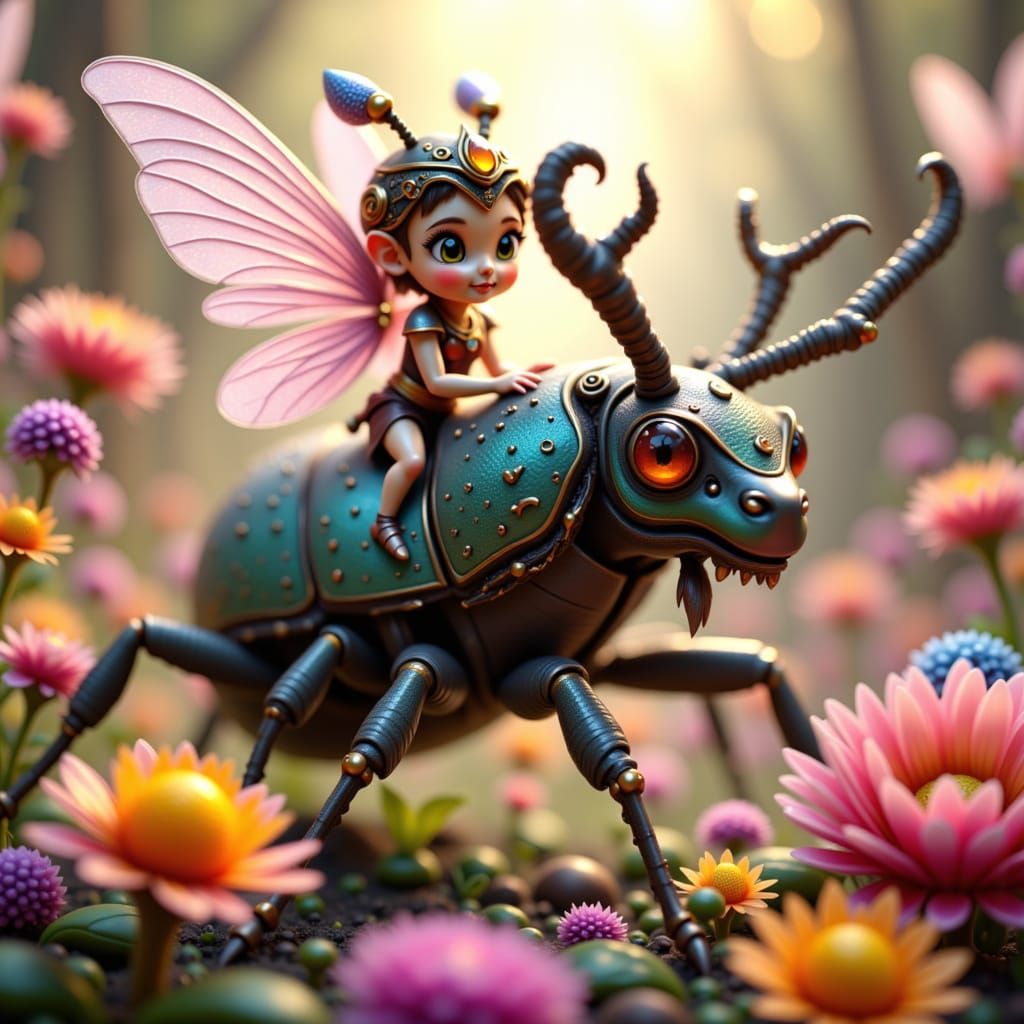 Fairy Warrior on Stag Beetle in Pixar Style