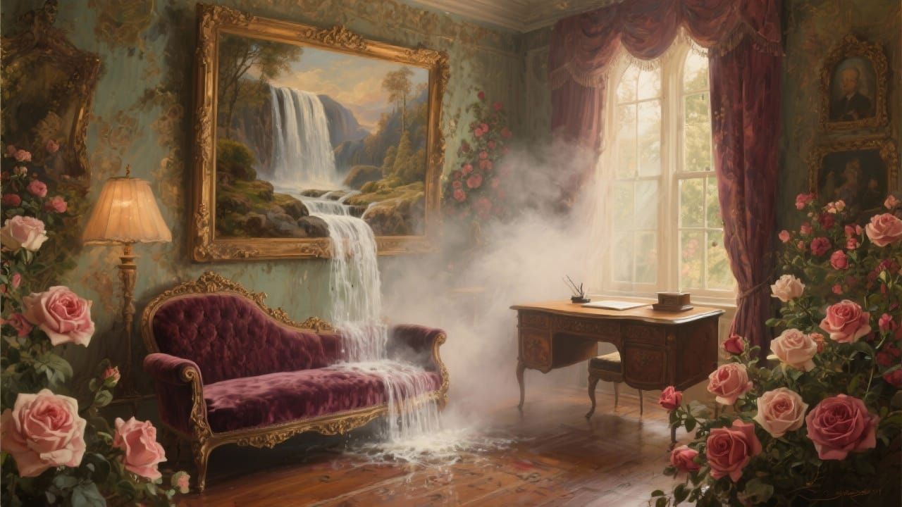 Victorian Parlor with Mystical Waterfall Painting