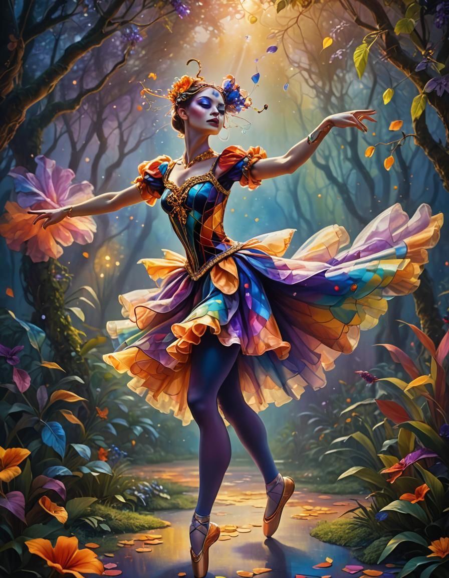 Whimsical Harlequin Ballerina in Dreamlike Fantasy
