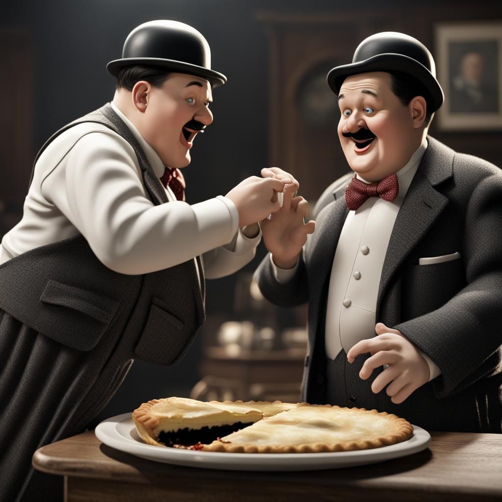 Laurel and Hardy Engage in a Comedy Pie Fight in Old Cinema....