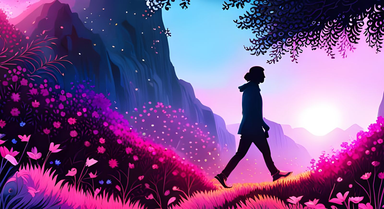 Vibrant Figure Amidst Blooming Flowers in Photorealistic Sty...