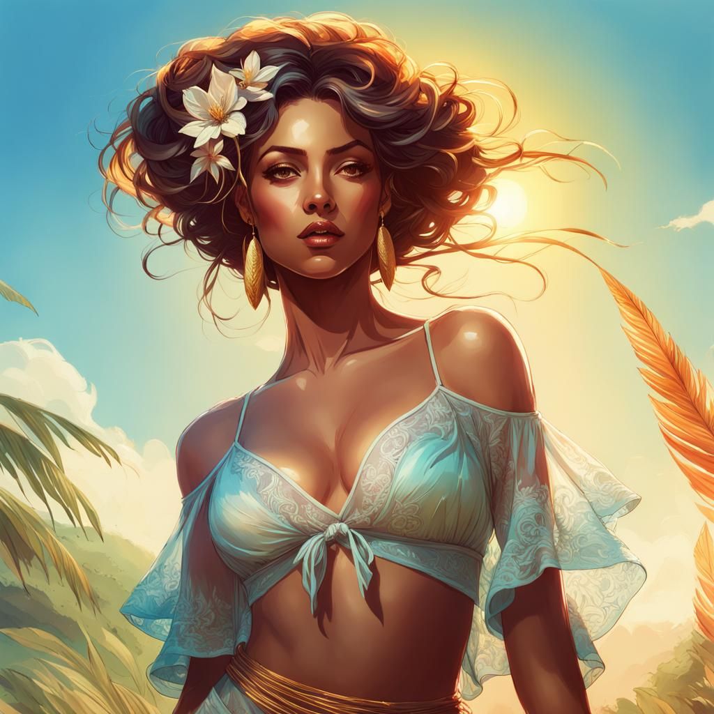 Brazilian Mulata in a Vibrant Summer Outfit, Digital Illustr...