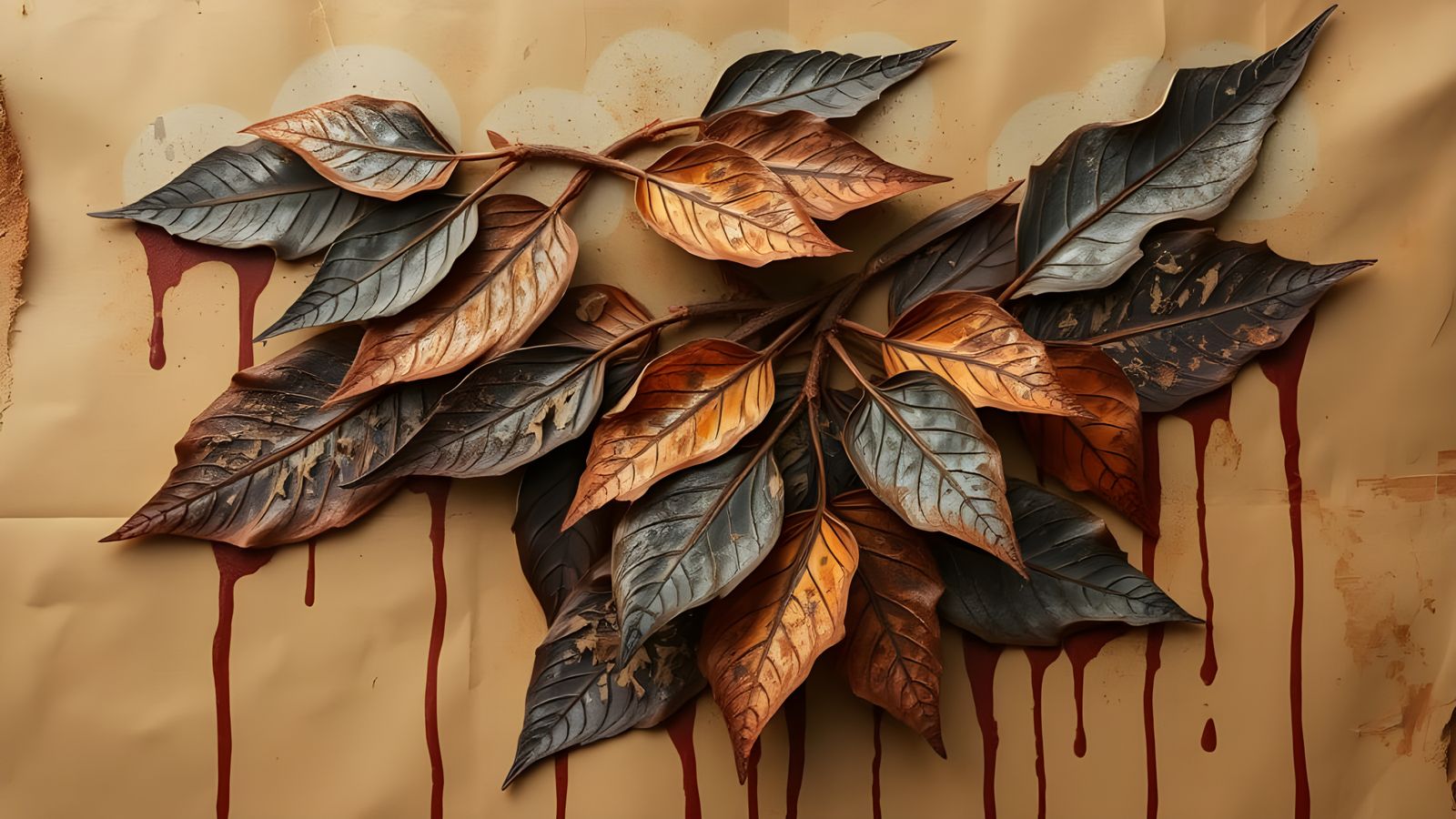 Autumn Leaves in Rusty Decay on Brown Paper Canvas
