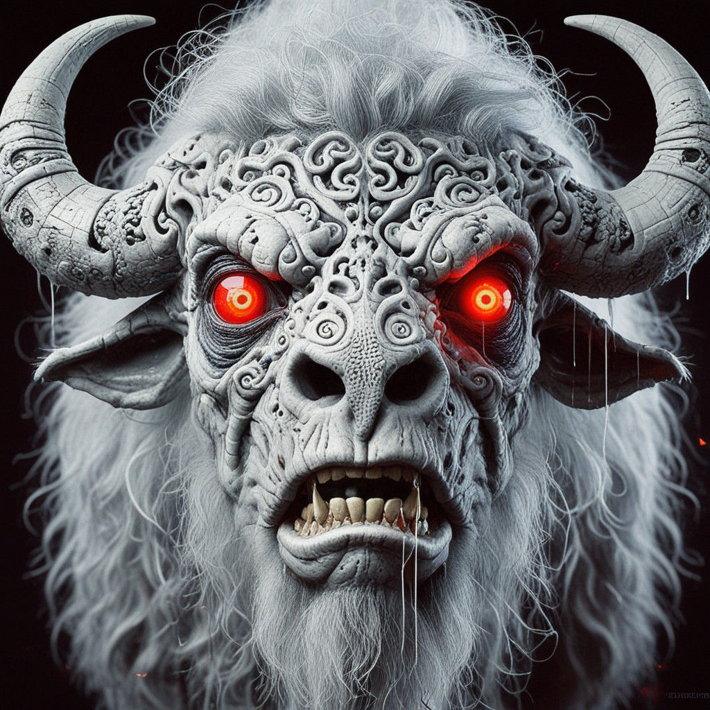Cyberpunk Horror Portrait of a Grotesque White Bison