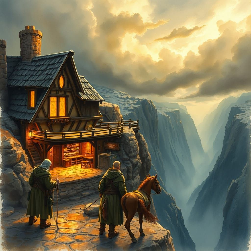 Fantasy Tavern on Cliffside Under Stormy Skies