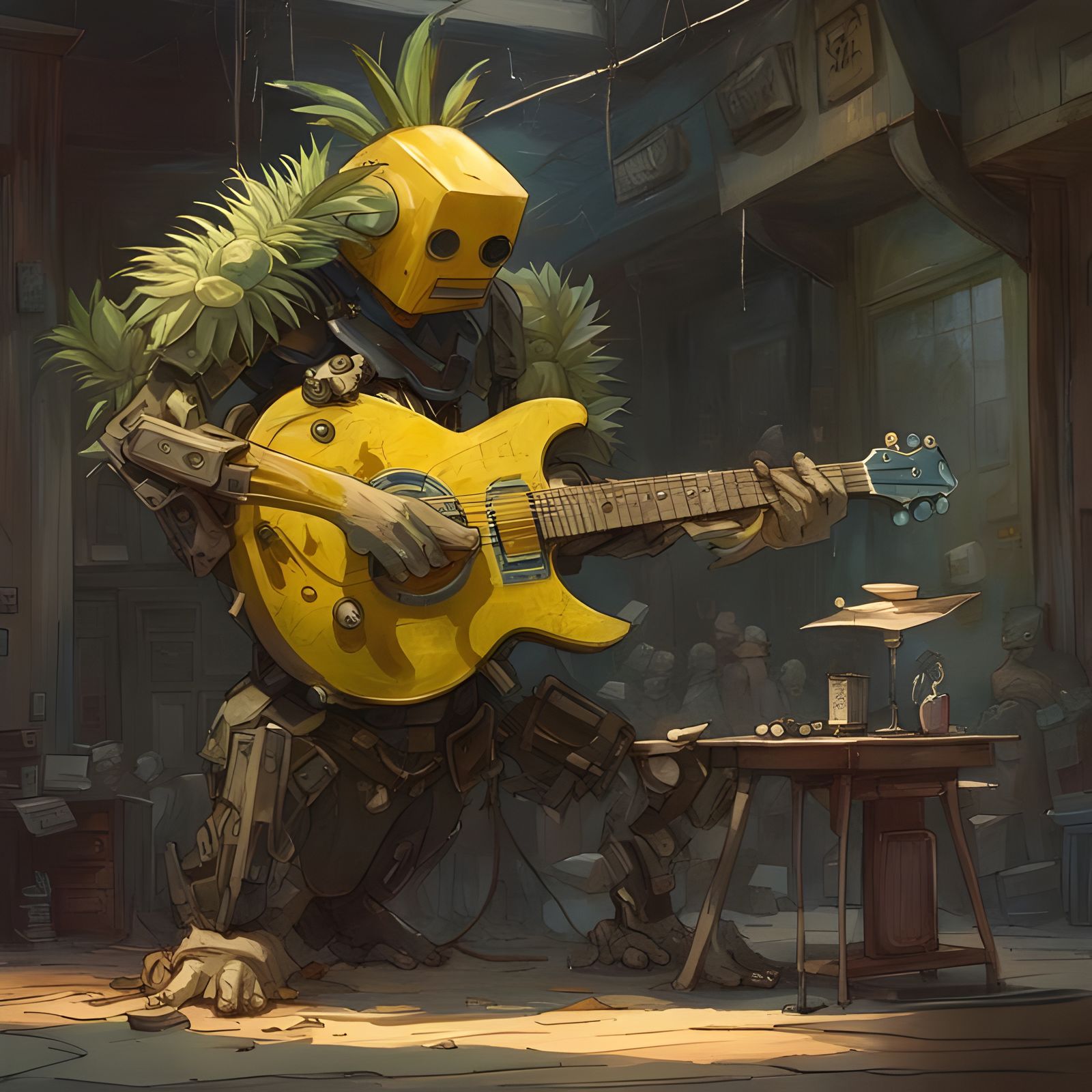Epic Mecha Robot Plays Electric Guitar as Pineapple Head