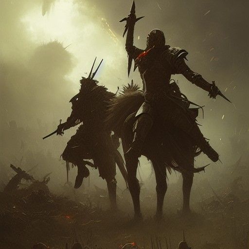 Warriors Engage Knights in a Desolate Ruin Scene